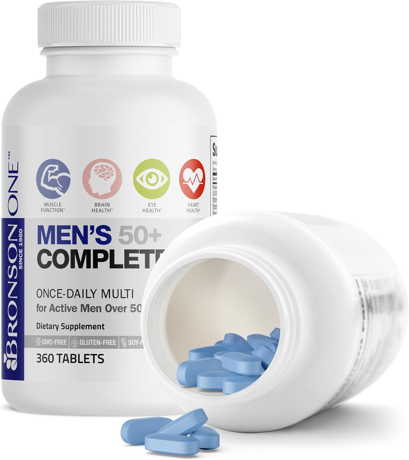 Bronson ONE Daily Mens 50+ Complete Multivitamin Multimineral, 180 Tablets | Once-Daily, Targeted Nutrition For Active Men Over 50, Non-GMO, Gluten-Free, Soy-Free