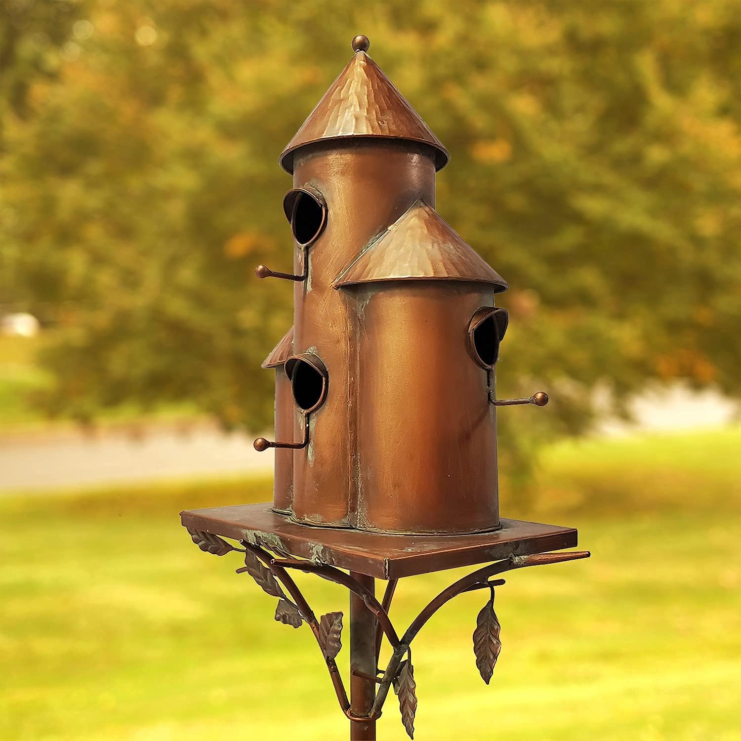 Large Copper Colored Multi-Birdhouse Stakes, Room for 4 Bird Families in Each (Cube Homes with Pyramid Roofs)