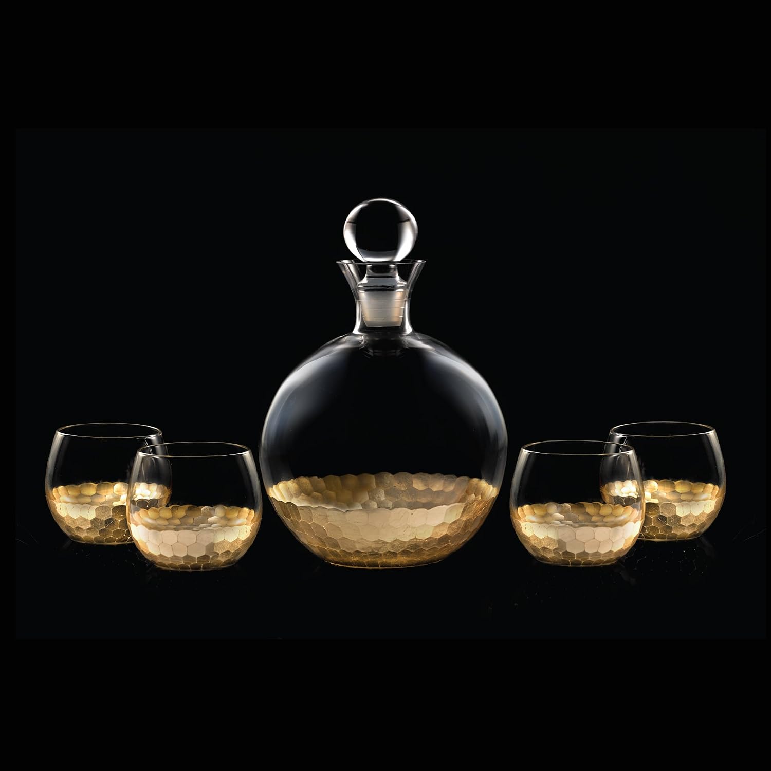 Fitz and Floyd Daphne Decorative Whiskey Decanter Set with Top Glass for Wine, Bourbon, Brandy, Liquor, 5 Piece, Gold