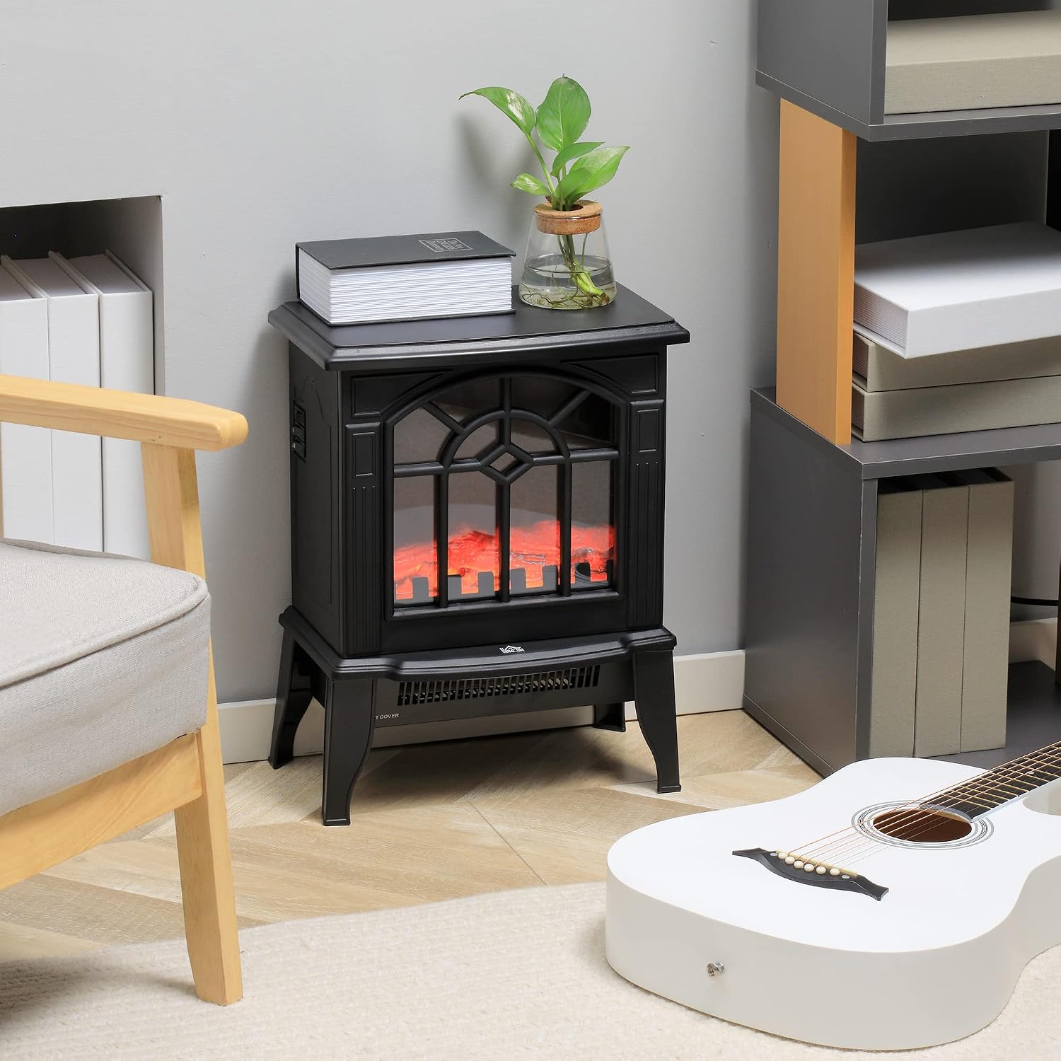 HOMCOM Electric Fireplace Stove 18" Freestanding Fireplace Heater Black | Realistic Flame, Overheating Protection, Portable, 750W/1500W