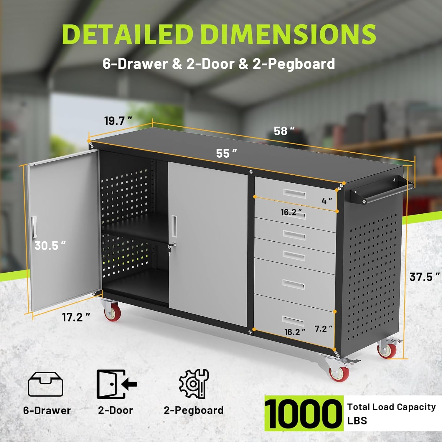 55"W Heavy Duty Rolling Workbench with Drawers and Storage, 1000 LBS Capacity Work Bench with Lockable Cabinet & Adjustable Shelf