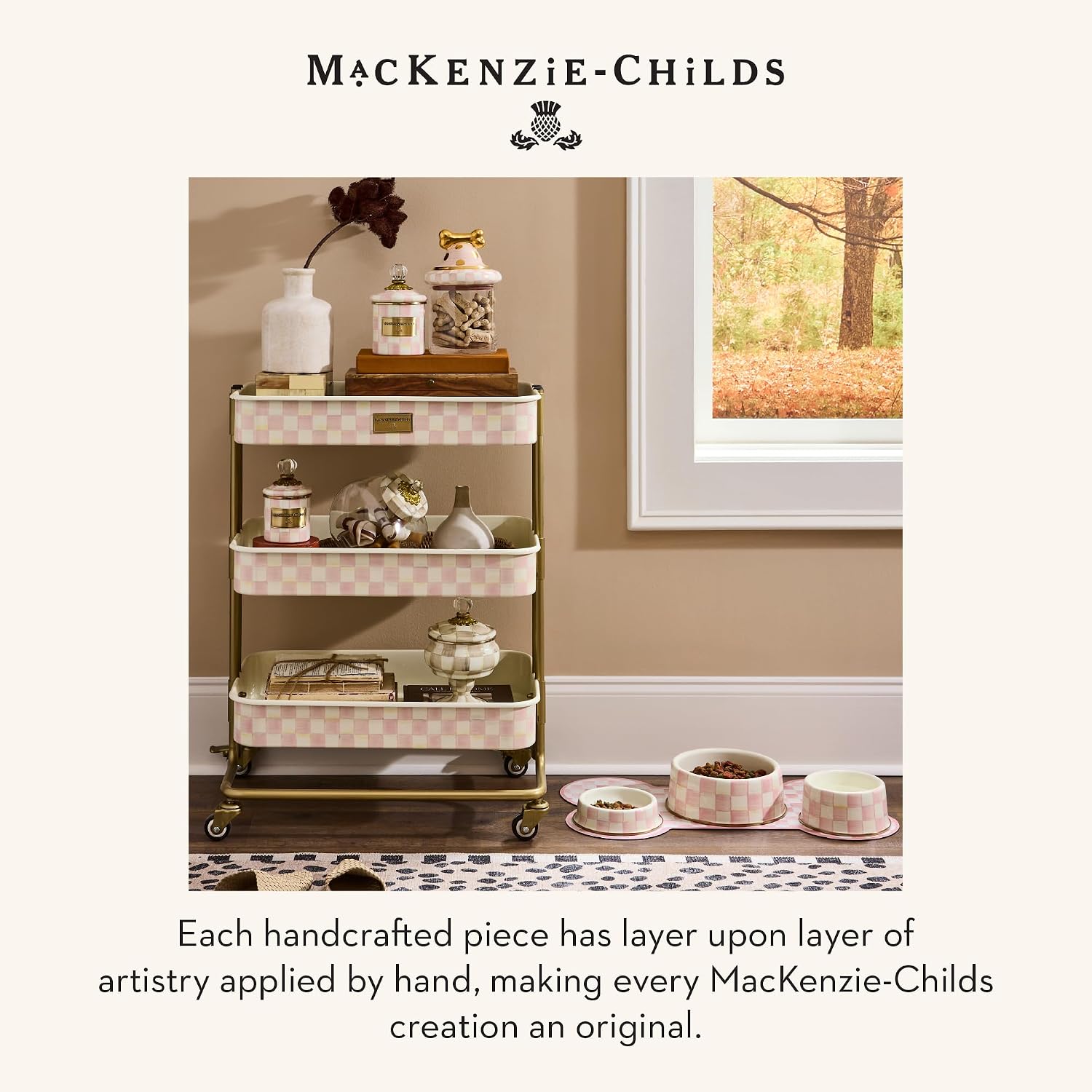 MACKENZIE-CHILDS Enamel Pet Dish, Large, Black-and-White Courtly Check | Decorative cat and dog bowl for food and water, 40-ounce capacity