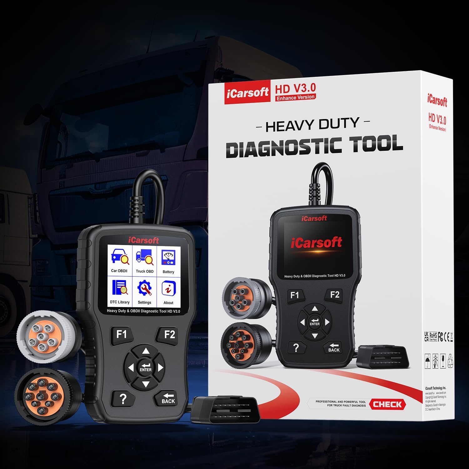 iCarsoft HD V3.0 Heavy Duty Truck Scanner Car OBD2 and Diesel All System 2-in-1 Diagnostic Scan Tool Lifetime Free Update Code Reader for Freightliner Paccar International Mack Hino Isuzu Cummins
