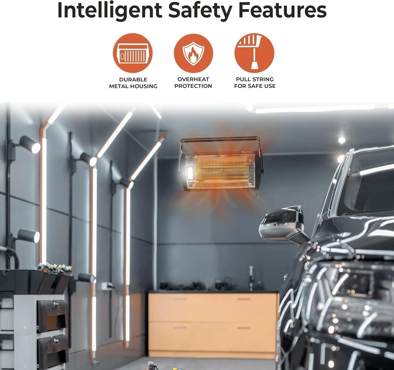 Comfort Zone 1500W Ceiling Mounted Dual Quartz Radiant Heater – Infrared Workshop Heater with 90° Adjustable Tilt