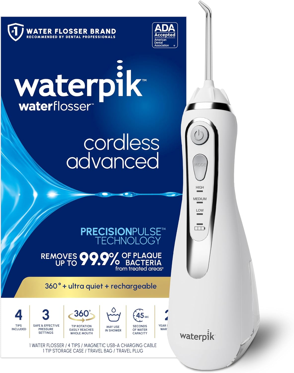 Waterpik Cordless Advanced Portable Water Flosser, Rechargeable, Black | 3 Settings, 4 Tips, Travel Bag, for Gums, Teeth, Dental Braces, Implants, Shower Use ADA Accepted WP-582 Packaging May Vary