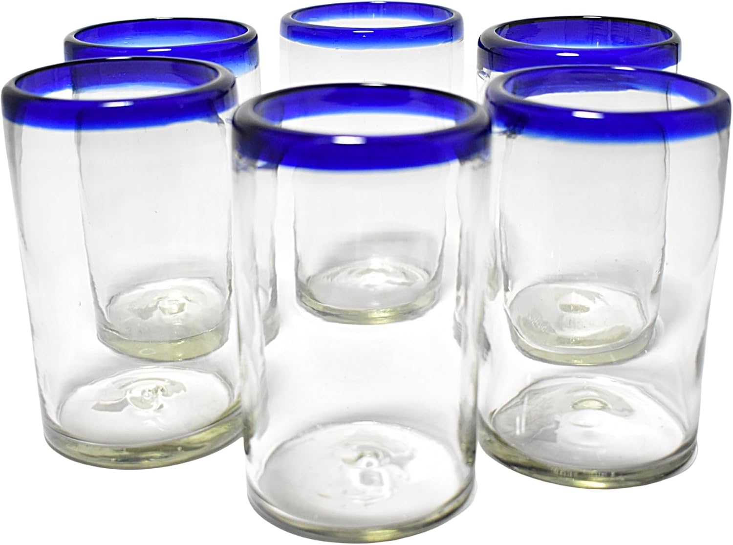 MAREY Hand Blown Drinking Glasses Artisan Crafted from Mexico Set of 6 pieces (Cobalt Blue Rim, Water 16 Oz.)