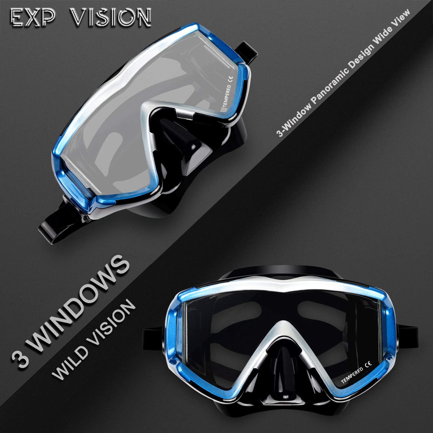 Adult Pano 3 Scuba Diving Mask, Tempered Glass Snorkel Mask Anti-Fog Swim Mask No Leakage Swim Goggles with Nose Cover Snorkeling Gear for Snorkeling
