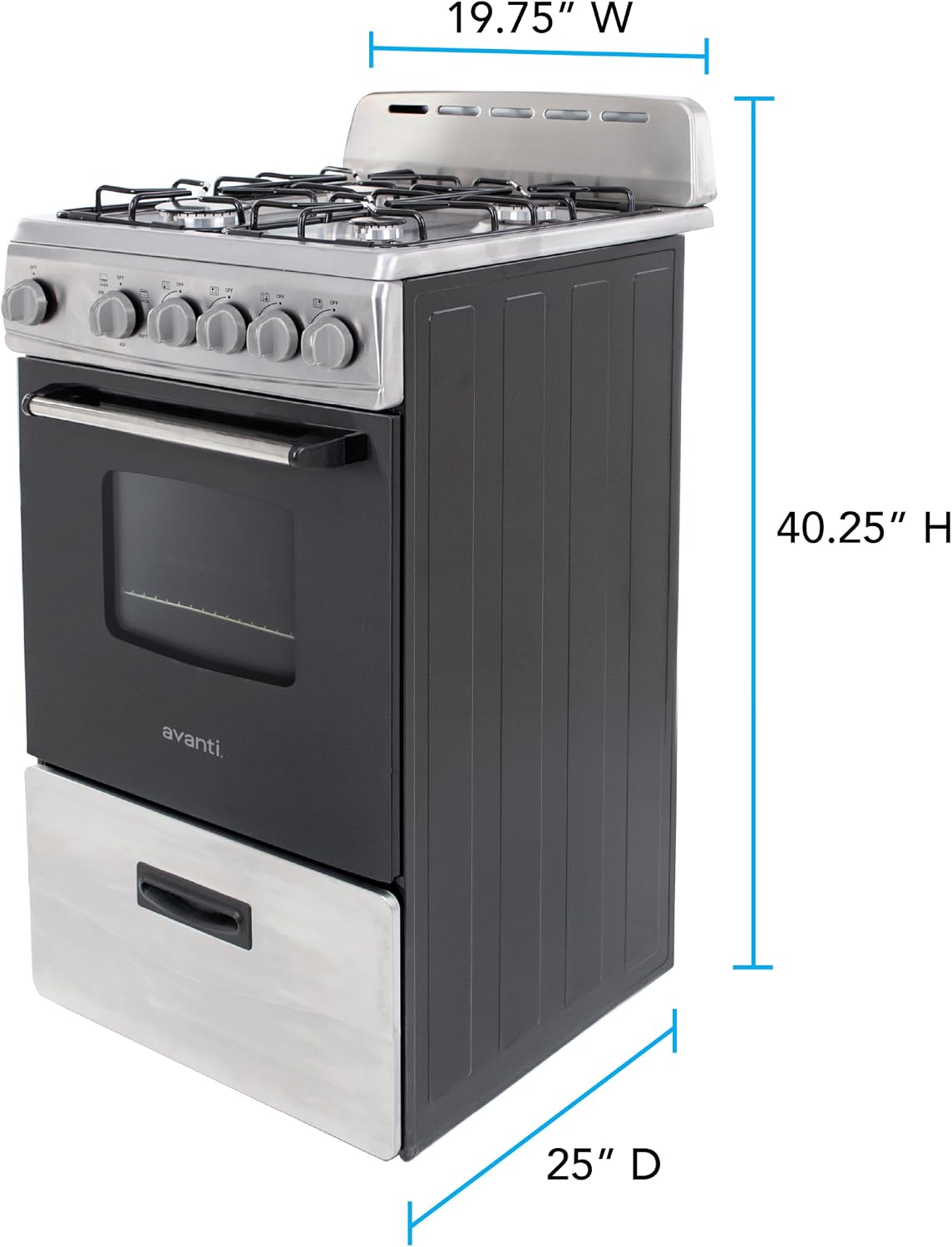 Avanti Compact Gas Range Oven, 4 Sealed Burners, 20-Inch, Stainless Steel | Avanti Compact Gas Range Oven, Freestanding with 4 Sealed Burners, Broiler with Pan, Storage Drawer, 20-Inch, Stainless Steel