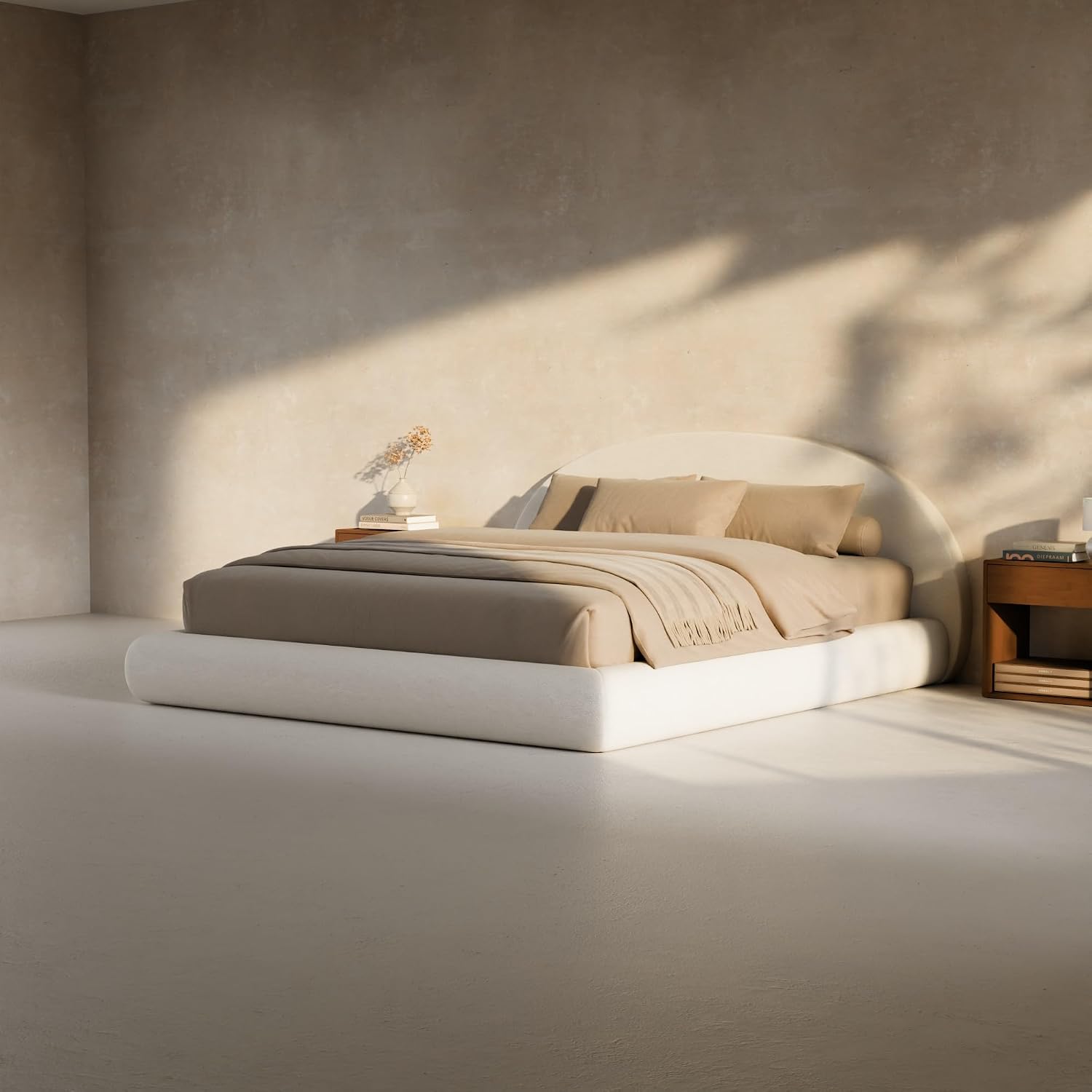 RECCI AirFrame Half-Moon Upholstered Queen Platform Bed Frame | Velvet Curved Arched Base, 6-Inch Thickness Headboard, 5 Inch Fully Round Cushioned Foam, No Box Spring Needed, Easy Assembly