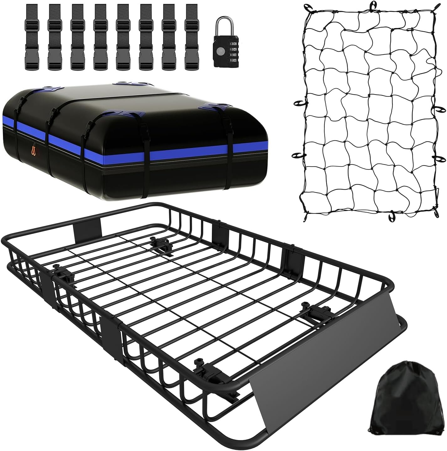 FORWODE 250LBS Universal Roof Rack Basket, 64"x39"x6" Rooftop Cargo Carrier Rack + Waterproof Cargo Bag 15 Cubic Feet(43"x34"x17")