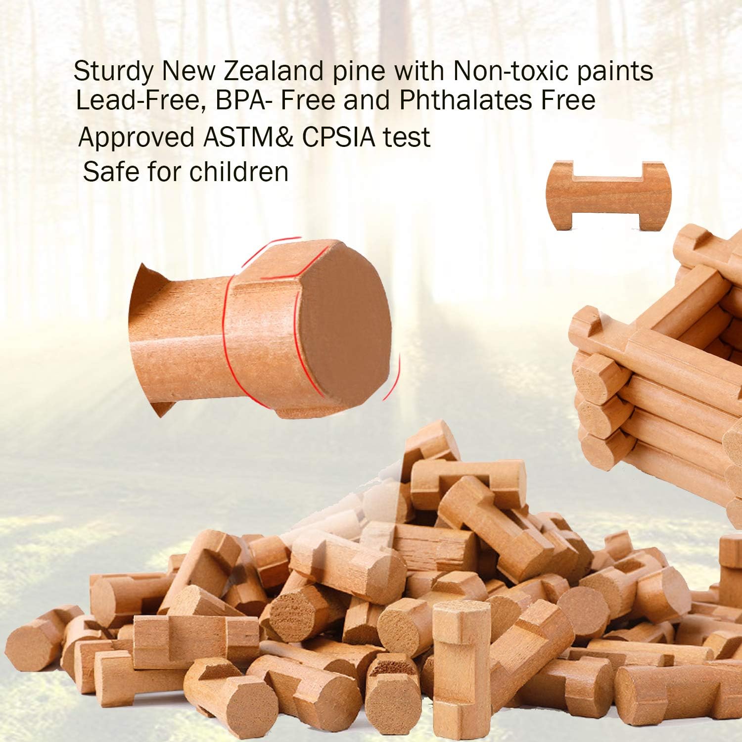 Wondertoys 90 Pieces Classic Wood Cabin Logs Set, Building Log Toy for Children, Farm House Construction Educational Toys for 3 4 5 6 Years Old