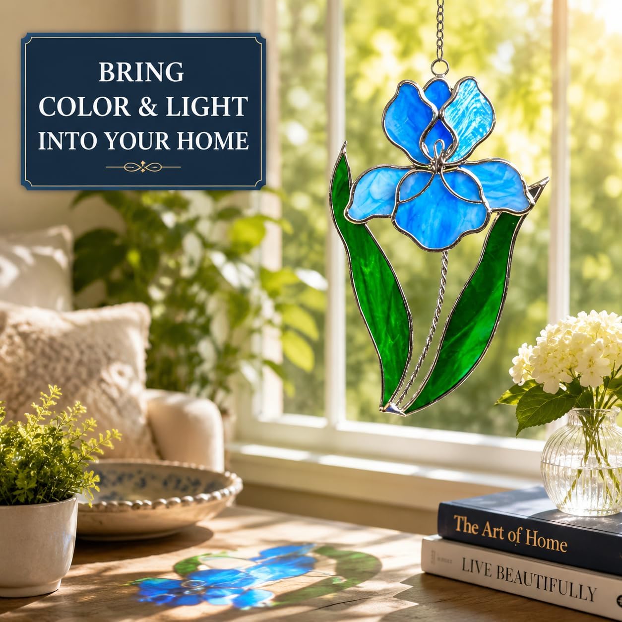 Blue Iris Stained Glass Suncatcher 7x4 Inch – Real Stained Glass Silver Plated Hanging Flower Ornament – Christian Symbol of Faith Wisdom Hope
