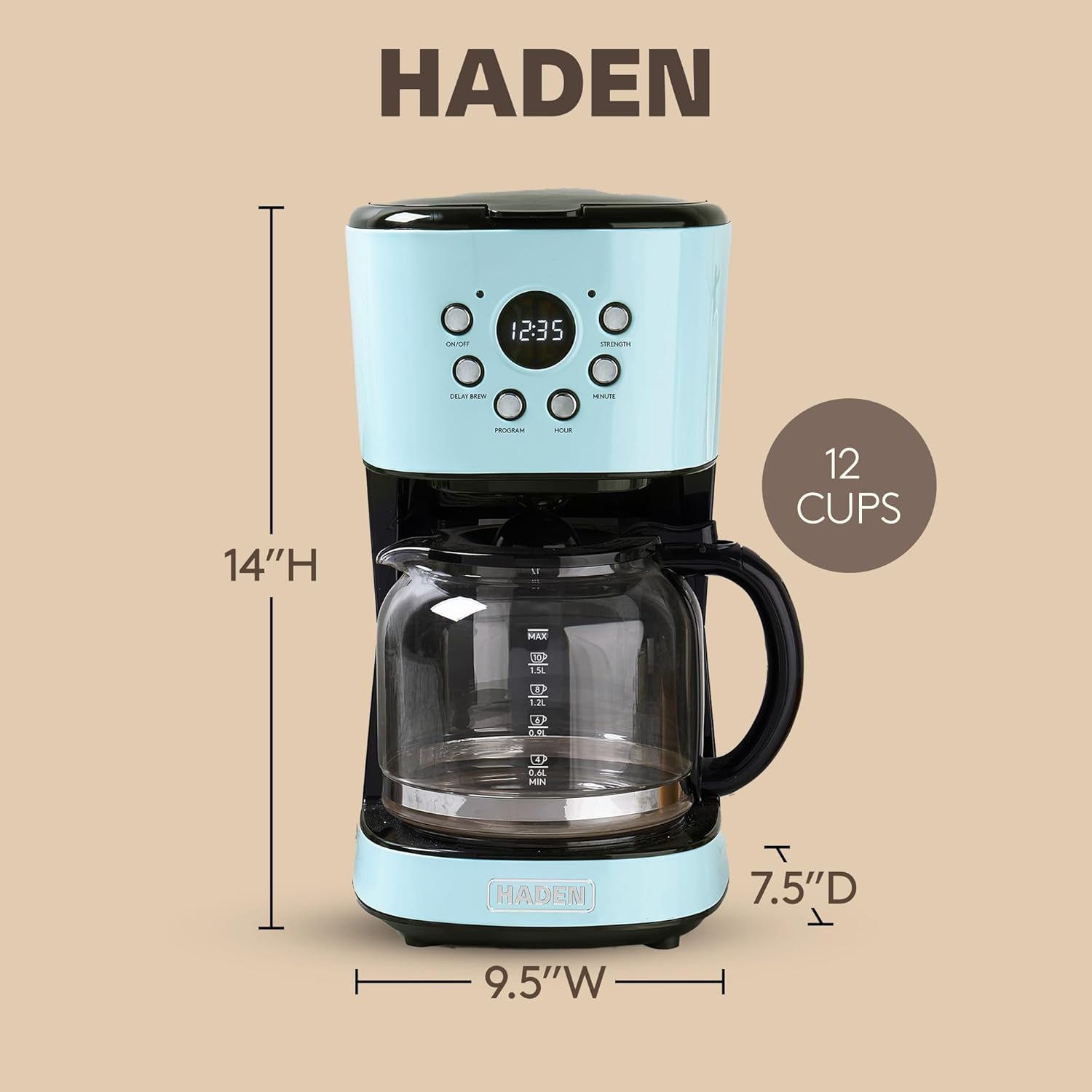 HADEN 12-Cup Programmable Coffee Maker for Home or Office, Putty & Chrome – Drip Brewer Machine with Brew Strength, Delay Brewing