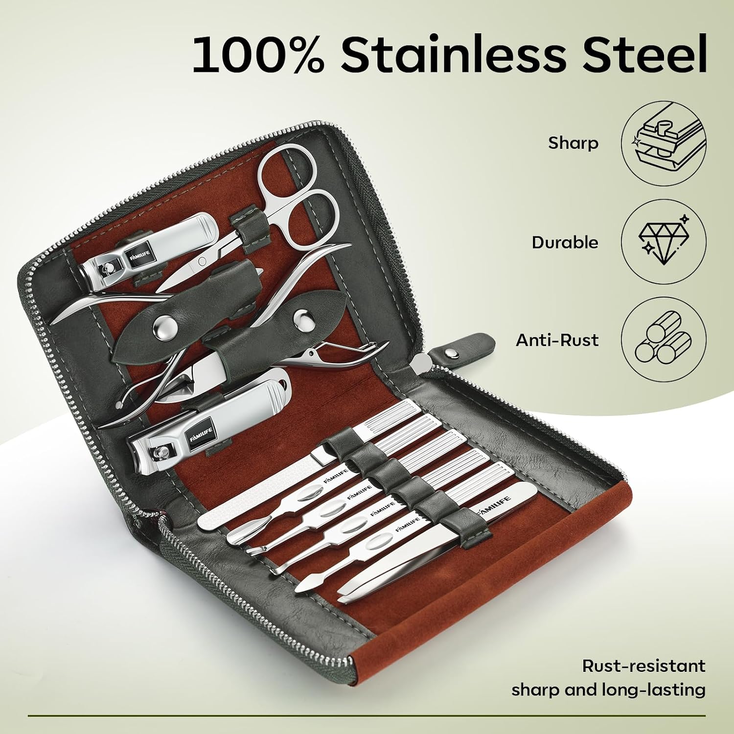 FAMILIFE Stainless Steel Manicure Set 11-in-1 Professional Nail Clipper Kit