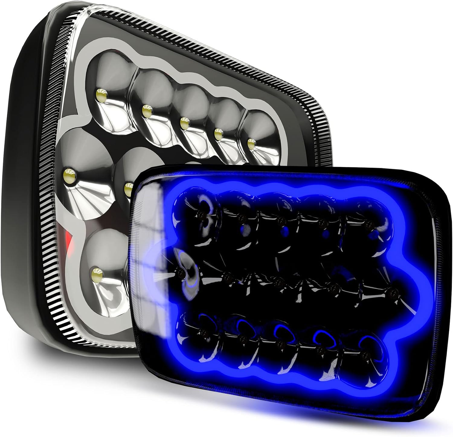 ROLINGER 2PCS Plug&Play Sealed Beam LED Light 7x6 5x7 with Blue Halo Ring | H6054 Auto Lights Off Road Compatible with Wrangler YJ XJ Cherokee E250
