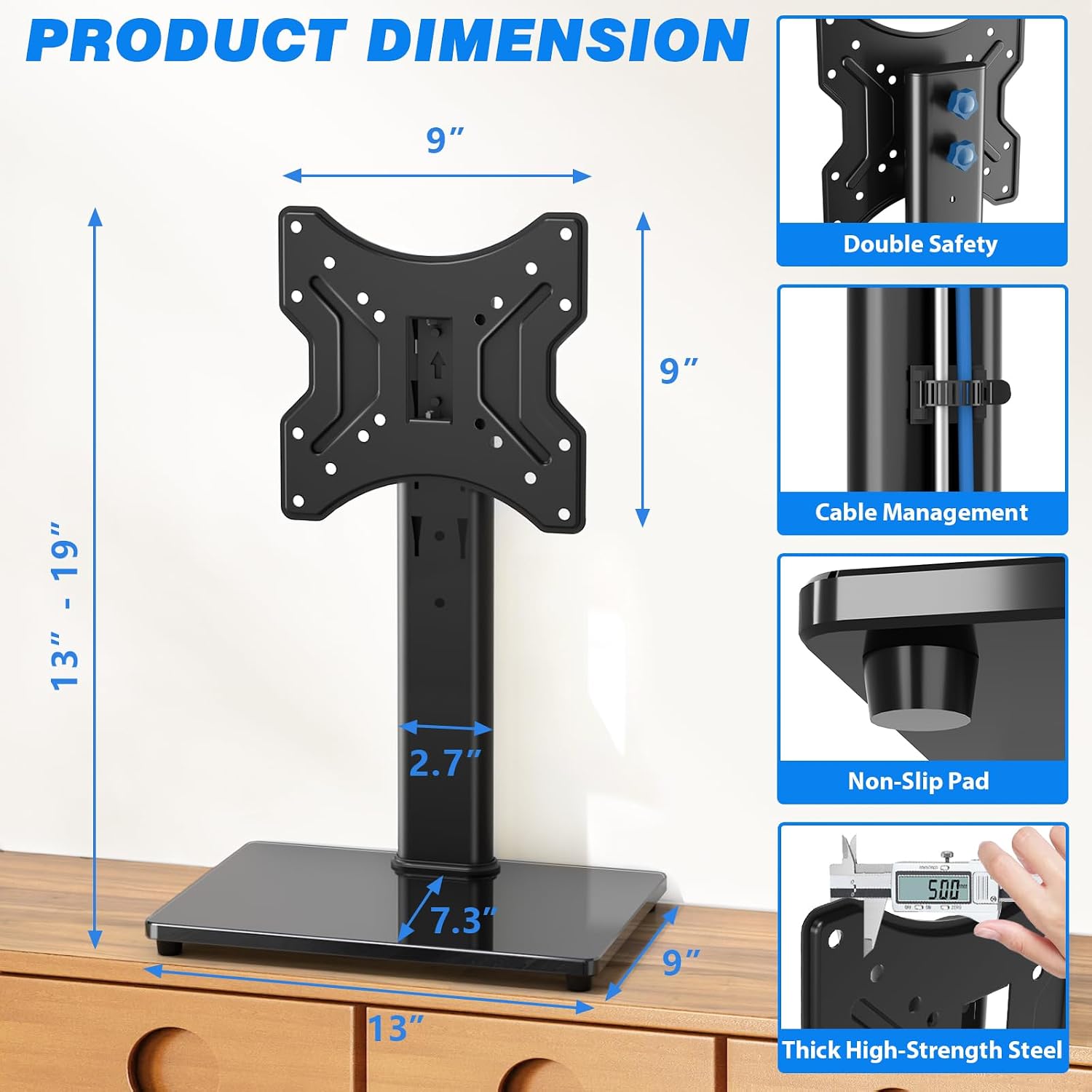 Rfiver Universal Swivel TV Stand for 27-50 55 60 Inch TVs | Height Adjustable Tabletop TV Stand Holds up to 88 lbs, Pedestal TV Stand with Tempered Glass Base, Replacement TV Mount