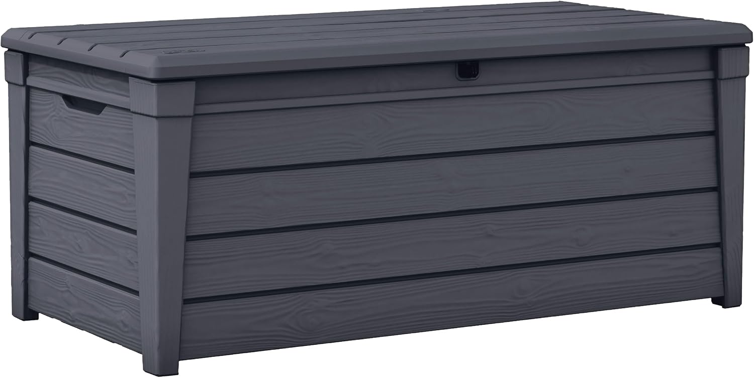 Keter Brightwood 120 Gallon Resin Large Deck Box for Patio Garden, Outdoor Cushion Storage, Pool Accessories, Tools, Grey