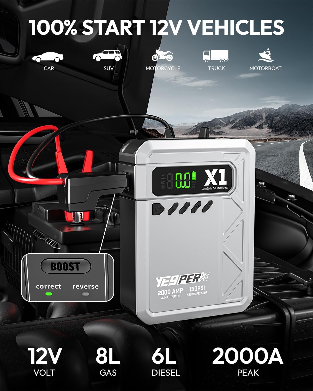 YESPER Jump Starter with Air Compressor 2000A 150PSI Battery Jumper Starter Portable(8L Gas/6L Diesel), 12V Car Jump Pack Battery Charger Jump Box with Jumper Cables, LCD Display, Lights | 2000A Battery Jumper Starter Portable(8L Gas/6L Diesel), Car Batt…