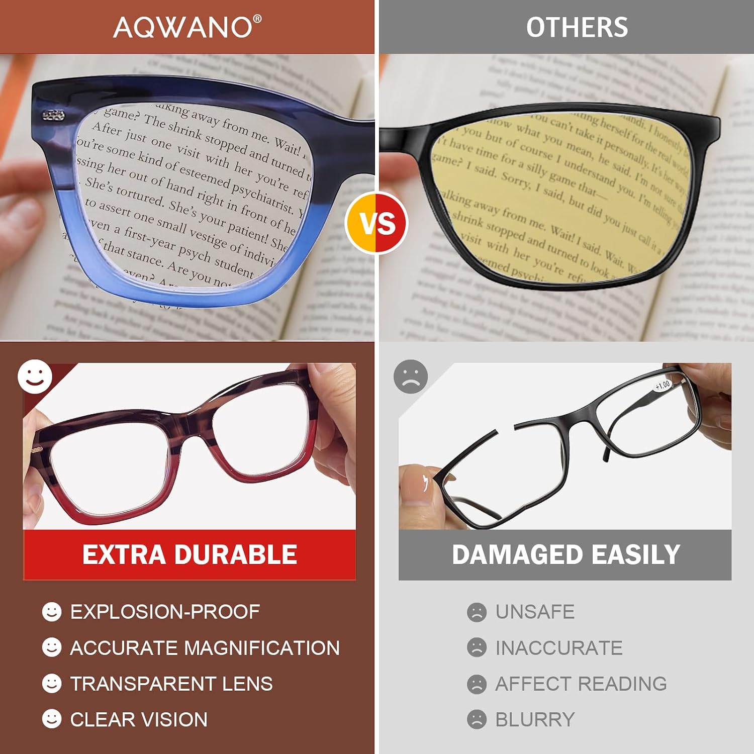 AQWANO Oversized Computer Reading Glasses Blue Light Blocking, 4 Pairs Stylish Fashion Design Anti UV Ray/Eye Strain/Glare Readers Men Women, 1.5