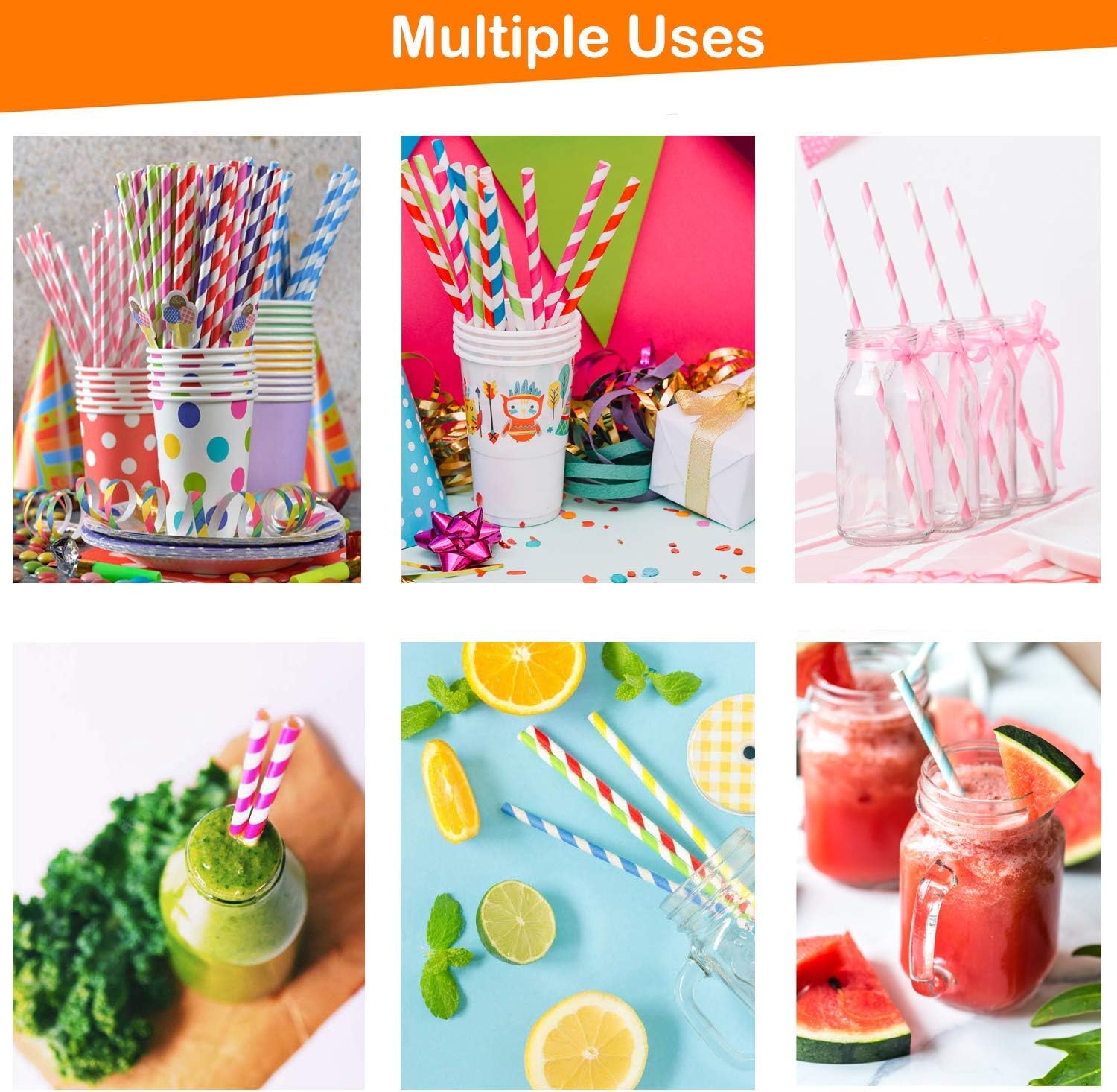 Paper Straws Disposable - 200 Pack - Durable & Non-Soggy Striped Paper Straws for Drinking in 10 Colors - 100% Biodegradable & Eco-Friendly for