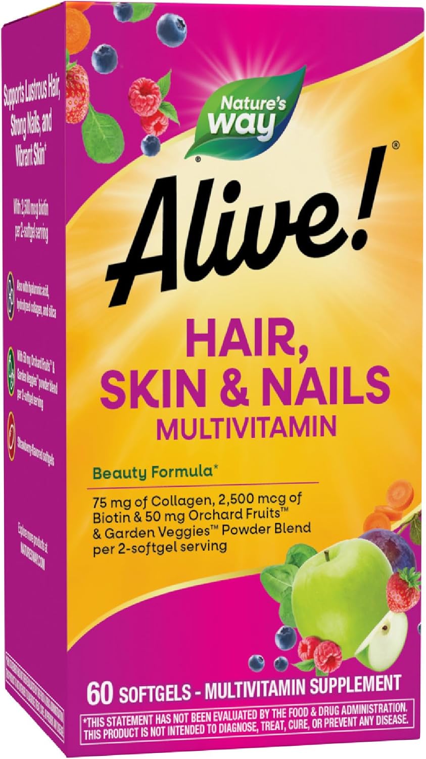 Nature's Way Alive! Hair, Skin and Nails Multivitamin, with Collagen, 60 ct | 75 mg Collagen and 2, 500 mcg Biotin per 2-Softgel Serving