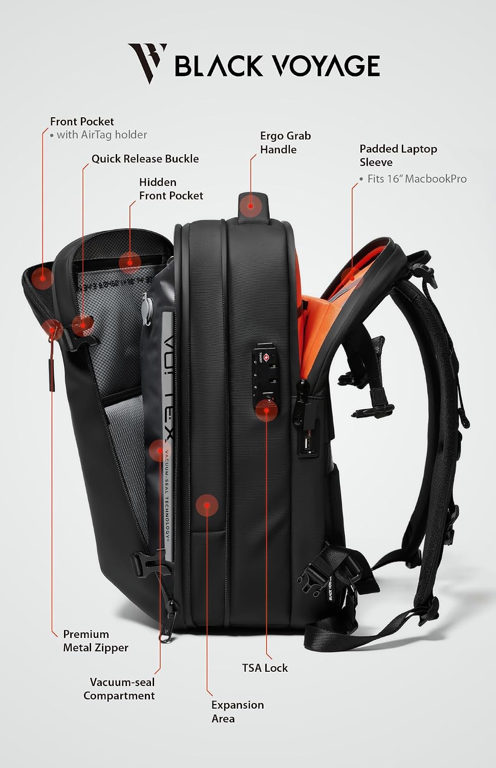 Black Voyage Vortex Vacuum Seal Travel Backpack 60L Expandable Air Compression System Water Resistant TSA Lock Carry-On Suitcase Luggage Black