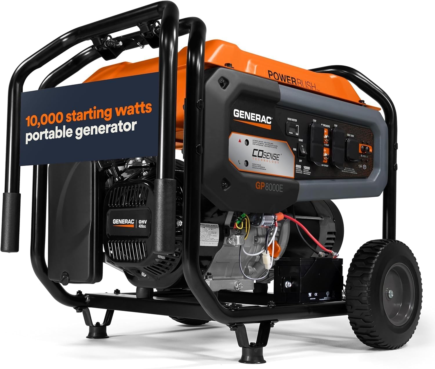 Generac 12,500 Starting Watt Tri-Fuel Portable Generator, Electric Start | Gas, Propane, Or Natural Gas Fuel Options, COsense CO Detection, 9.5 Hour Runtime, Emergency Home Backup, 49 State Compliant
