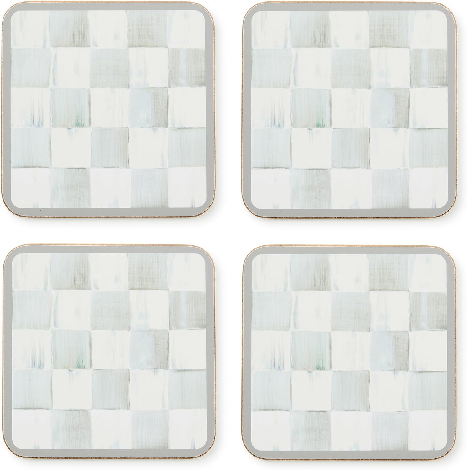 MACKENZIE-CHILDS Square Coasters Set, Black-and-White Courtly Check | Hand-painted design, made from MDF with a cork back, table coasters for drinks, 4" square, set of 4