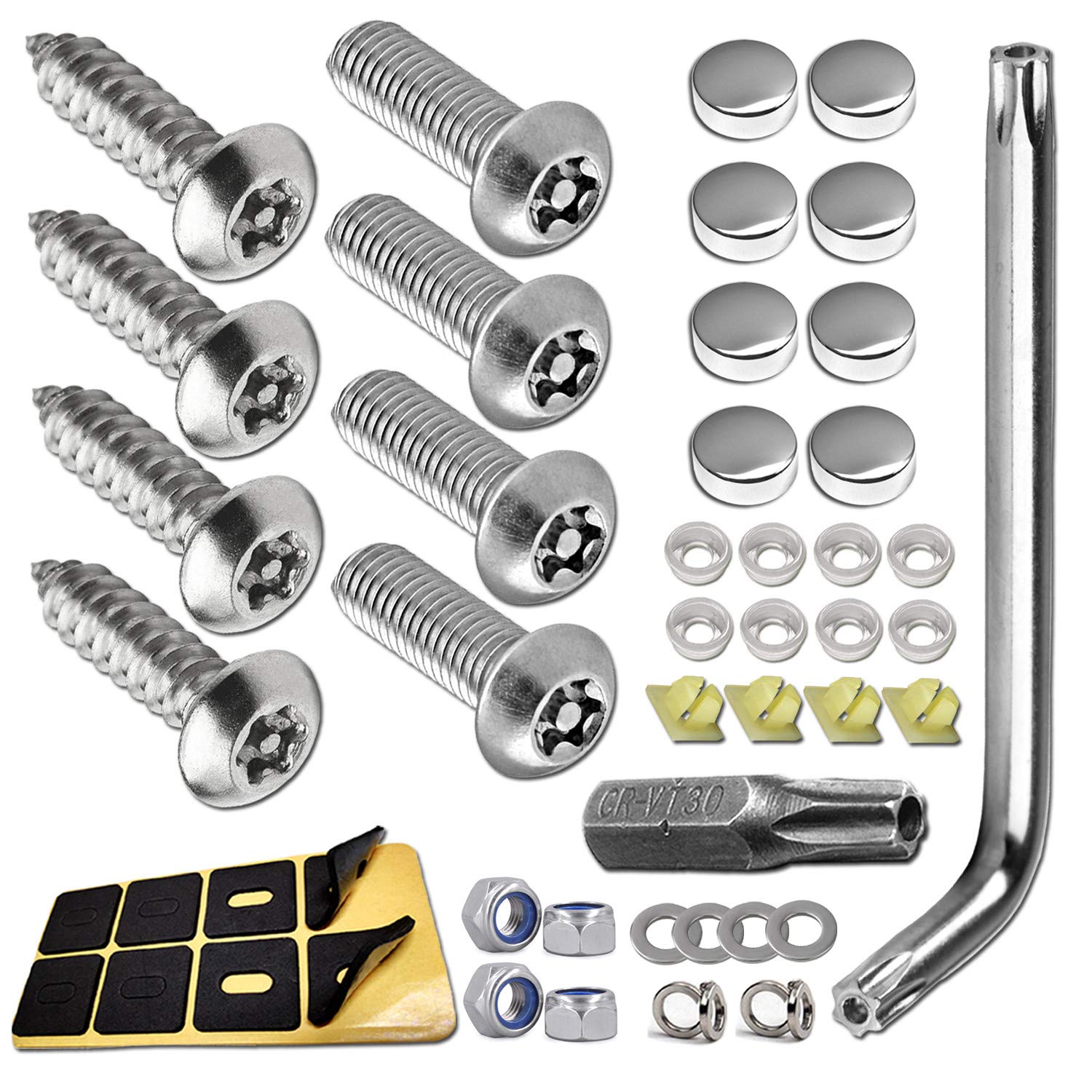 ZXFOOG Anti Theft License Plate Screws, Stainless Steel Bolts, Chrome Caps
