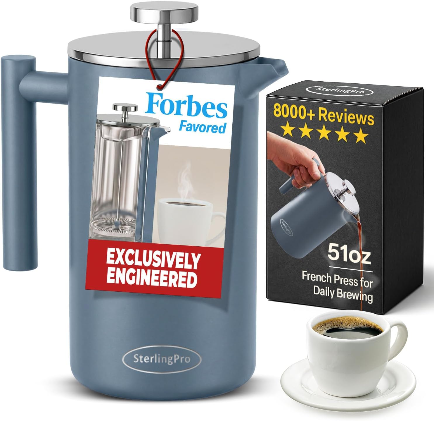 SterlingPro Large Insulated Stainless Steel French Press Coffee Maker 51oz Capacity (44 oz Brew Yield) – Double Wall Metal Coffee Press | Plastic Free | Cool-Touch | Mirror Finish | 12 Cups / 6 Mugs