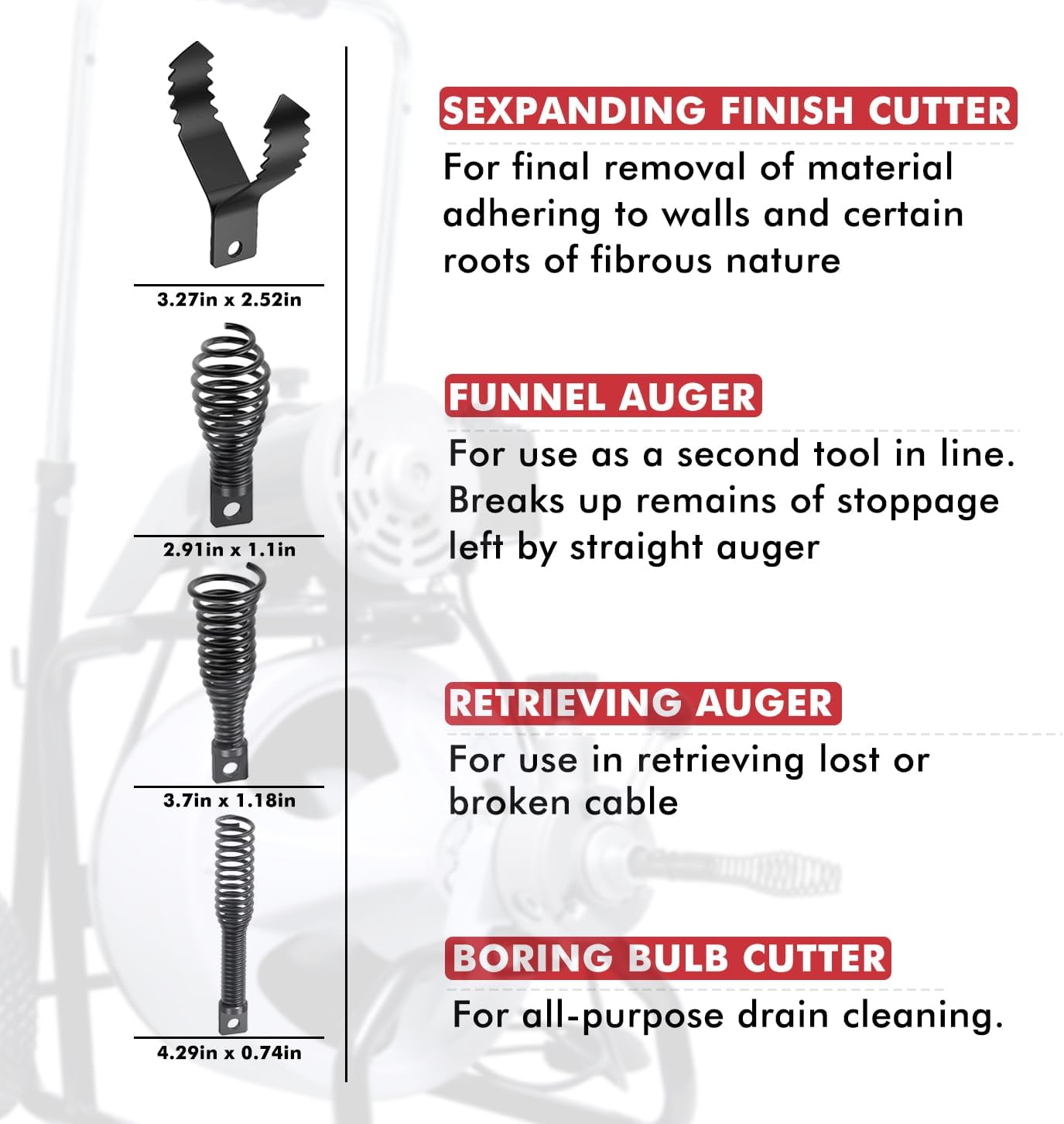 Drain Snake Drill Attachments, 8-Piece Drain Cleaner Combination Cutter Heads, Used in 50FT-100FT Electric Drain Snake