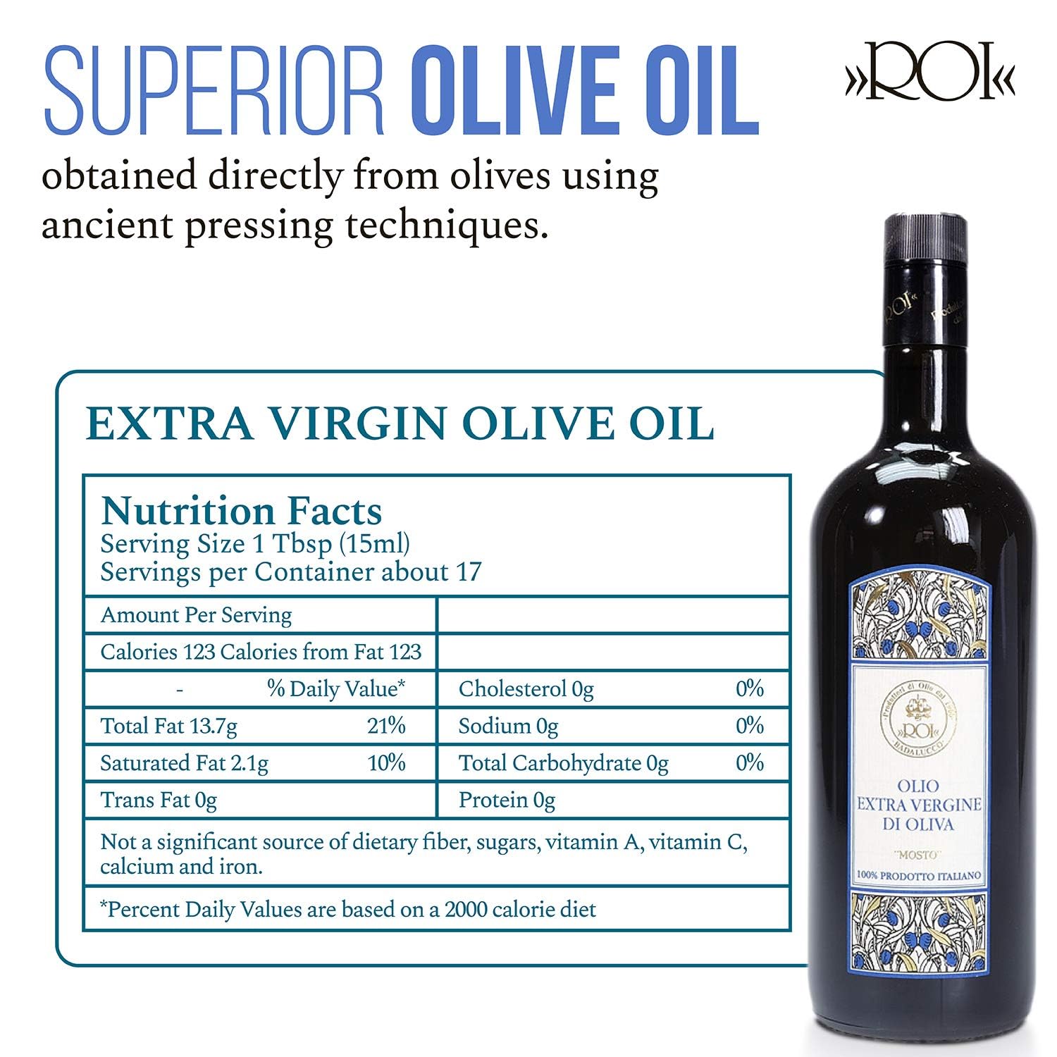 ROI Premium Ligurian Italian Extra Virgin Olive Oil First Cold Pressed - Gourmet Mosto Olive Oil Imported from Italy, High in Polyphenols, 17 fl oz (500 ml)