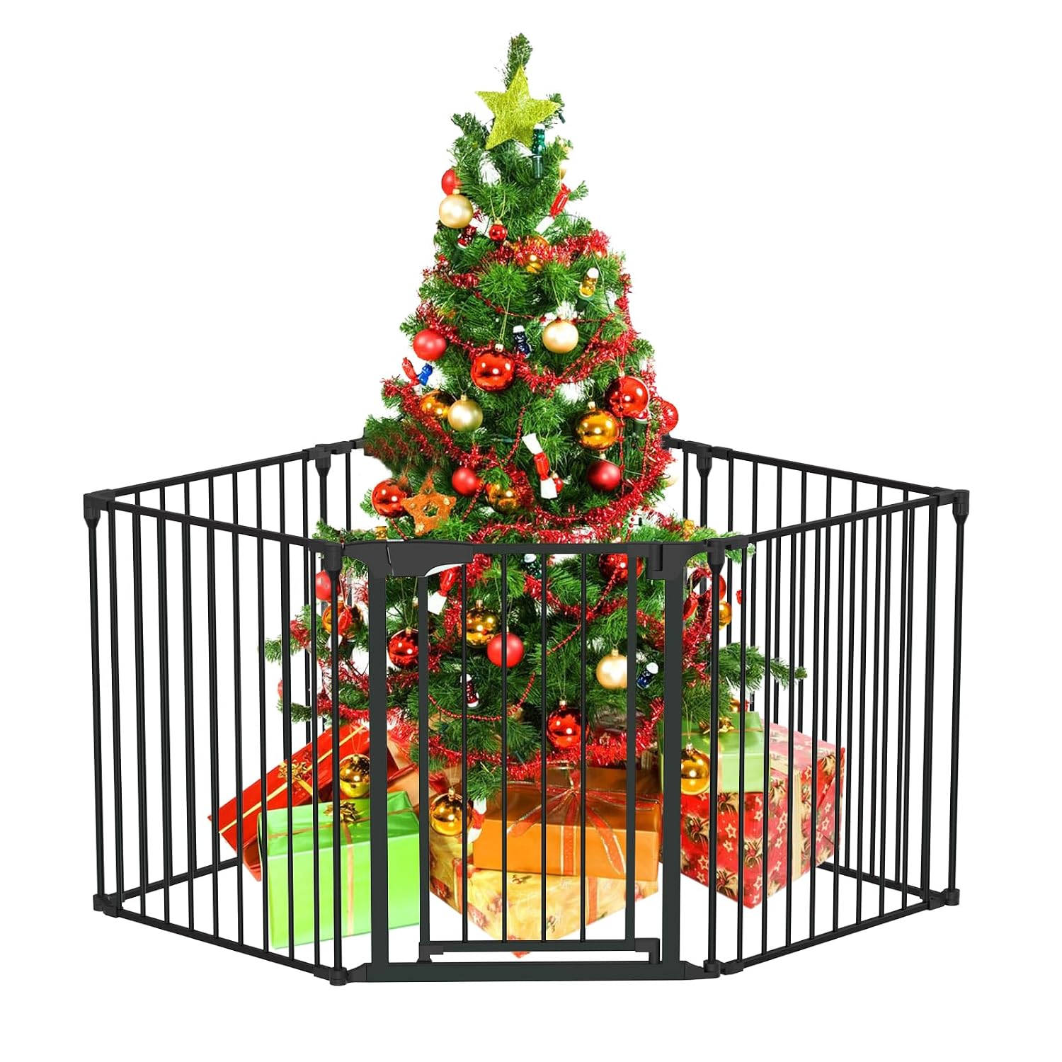 Bonnlo 134 Inches Wide Configurable Baby Gate, Fireplace Safety Fence/Guard, Adjustable 5-Panel Metal Play Yard for Toddler/Pet/Dog, Christmas Tree Fence, Includes 4 Pack of Wall Mounts, Black