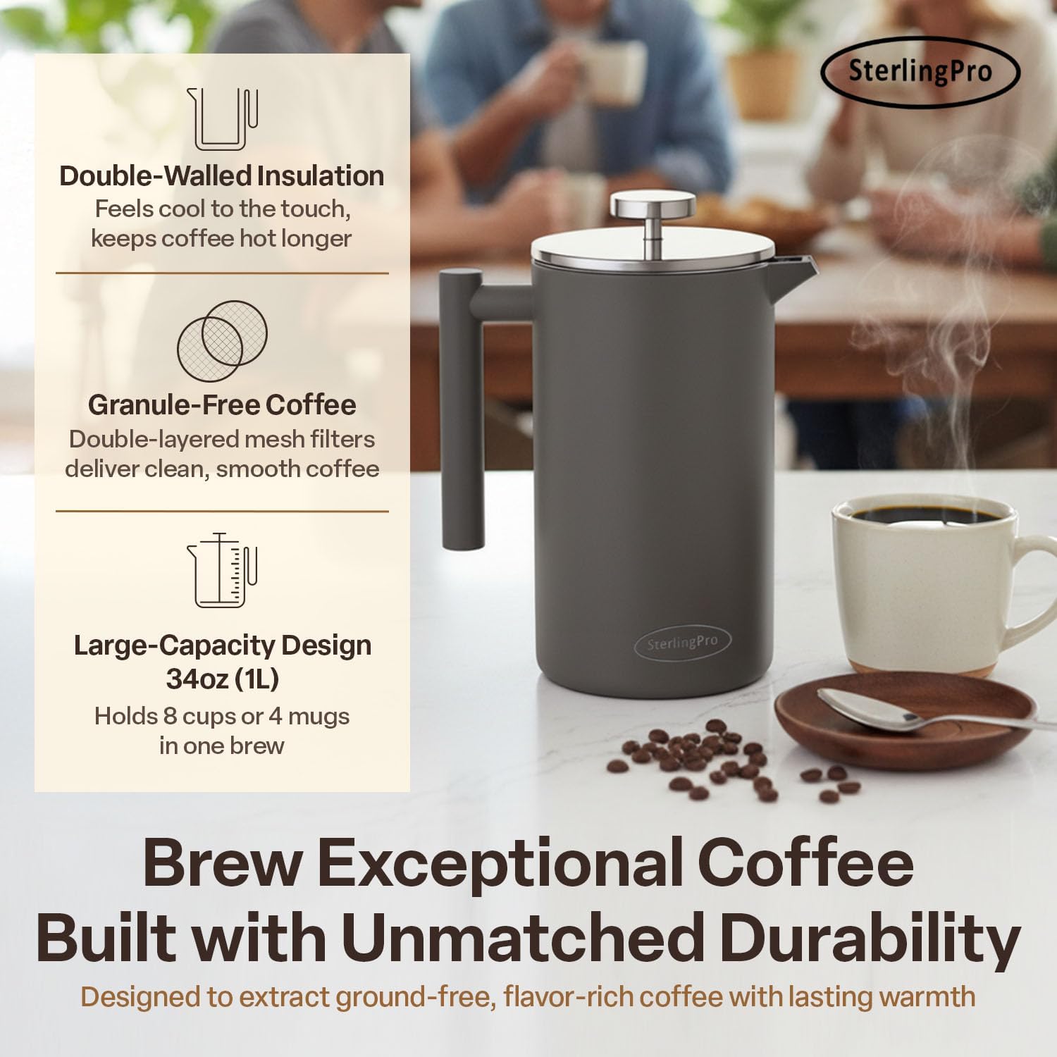 SterlingPro Large Insulated Stainless Steel French Press Coffee Maker 51oz Capacity (44 oz Brew Yield) – Double Wall Metal Coffee Press | Plastic Free | Cool-Touch | Mirror Finish | 12 Cups / 6 Mugs