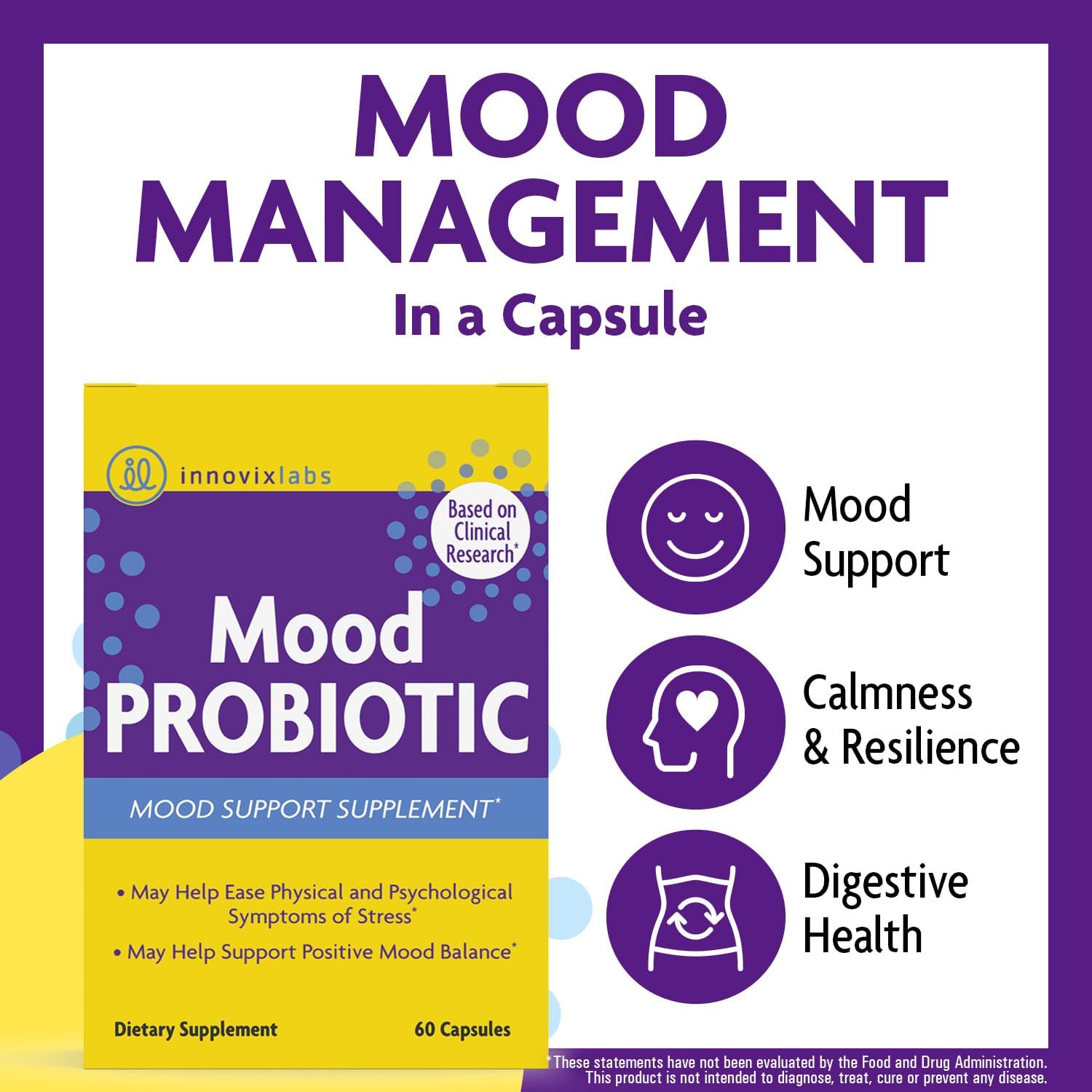 InnovixLabs Mood Support Probiotics for Women & Men (60 Capsules) | Supports Relaxation & Digestive Health, Acidophilus Probiotic w/ Lactobacillus & Bifidobacterium 5 Billion CFU, 30-Day Supply