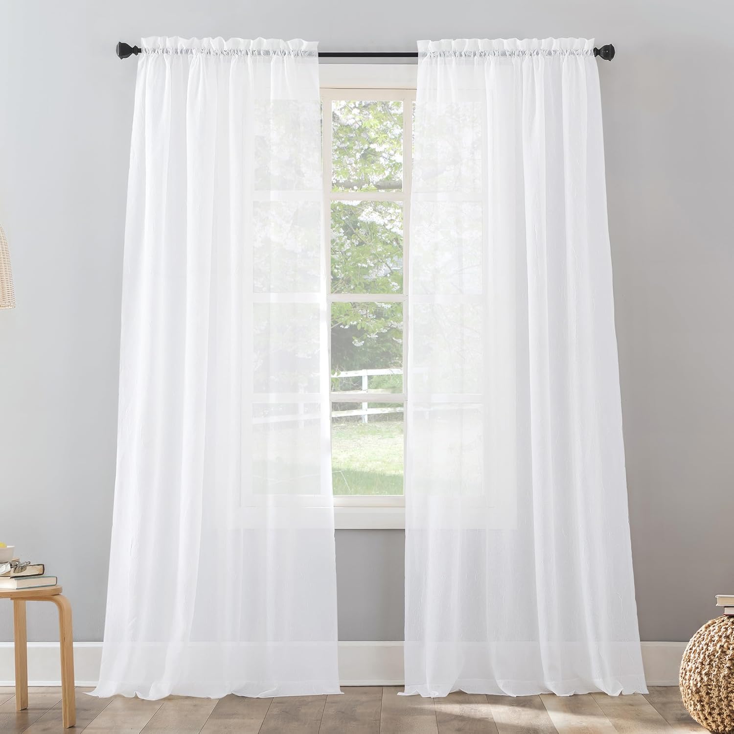 No. 918 Erica Crushed Sheer Voile Rod Pocket Curtain Panel, 51" x 108", Eggshell Off-White