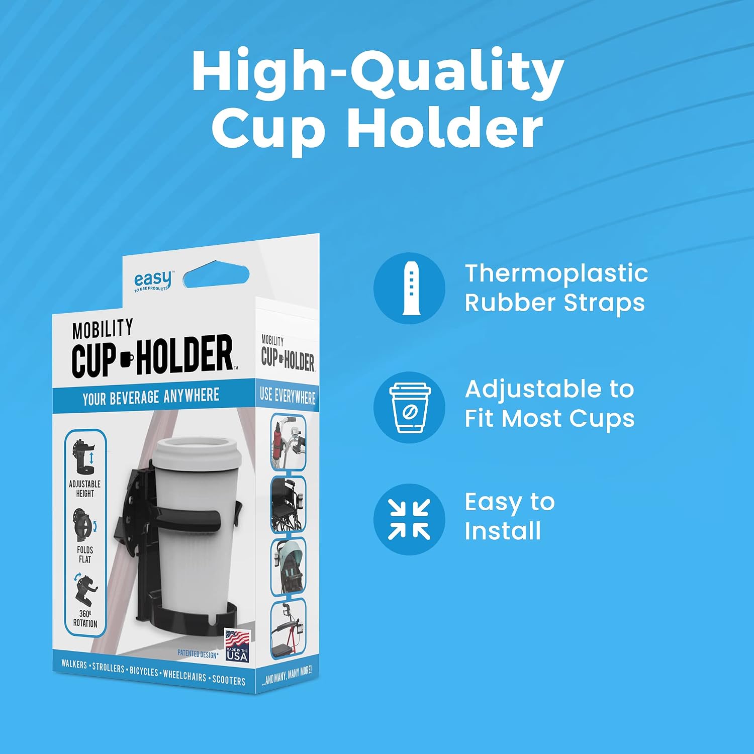 Easy Walker Cup Holder for Rollator Wheelchair Scooter, Adjustable Foldable