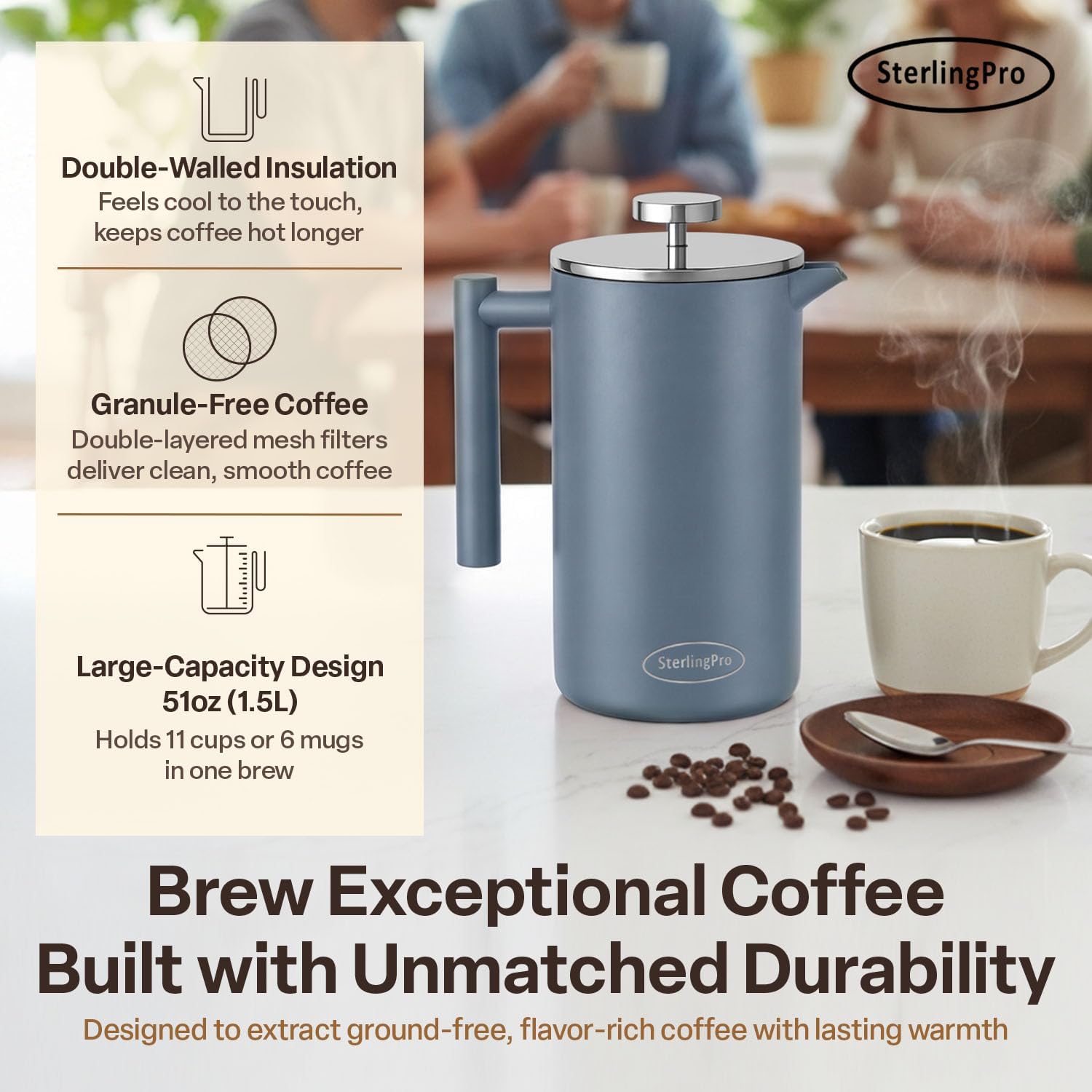 SterlingPro Large Insulated Stainless Steel French Press Coffee Maker 51oz Capacity (44 oz Brew Yield) – Double Wall Metal Coffee Press | Plastic Free | Cool-Touch | Mirror Finish | 12 Cups / 6 Mugs