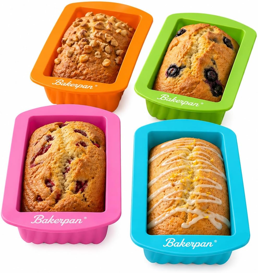 Bakerpan 4 Pack Silicone Mini Loaf Pans for Baking - 4.5 Inch Reusable Molds for Banana Bread, Pound Cake, Bread Loaves & Mini Cakes - Non-Stick