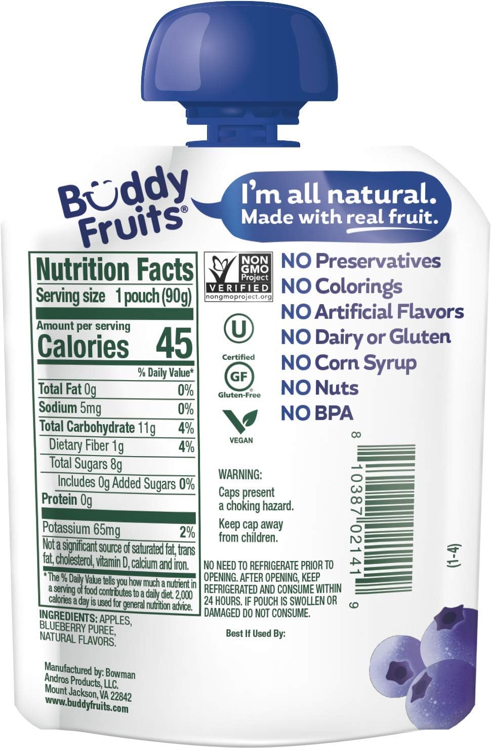 Buddy Fruits Snacks To Go Multifruit Unsweetened Applesauce 3.2oz Pouch (18pk) Gluten-Nut-Dairy-Preservatives-BPA Free, Non GMO, Kosher