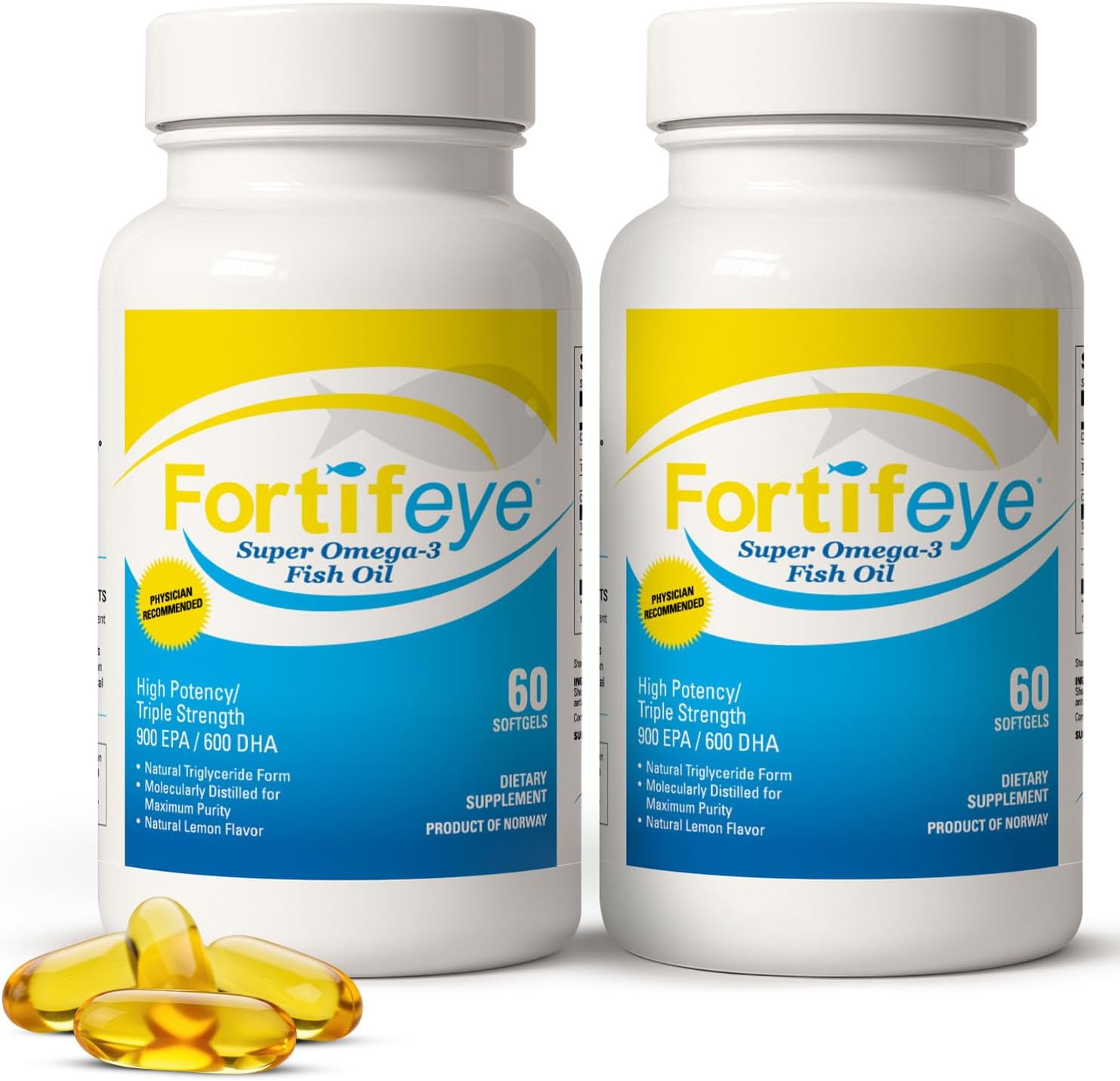 Fortifeye Super Omega-3 Fish Oil - 60 Count - 1600mg EPA + DHA - Triple Strength Ultra-Pure rTG Omega-3 Expertly Concentrated & Purified in Norway from Sustainably Sourced Wild Fish - Lemon Flavor