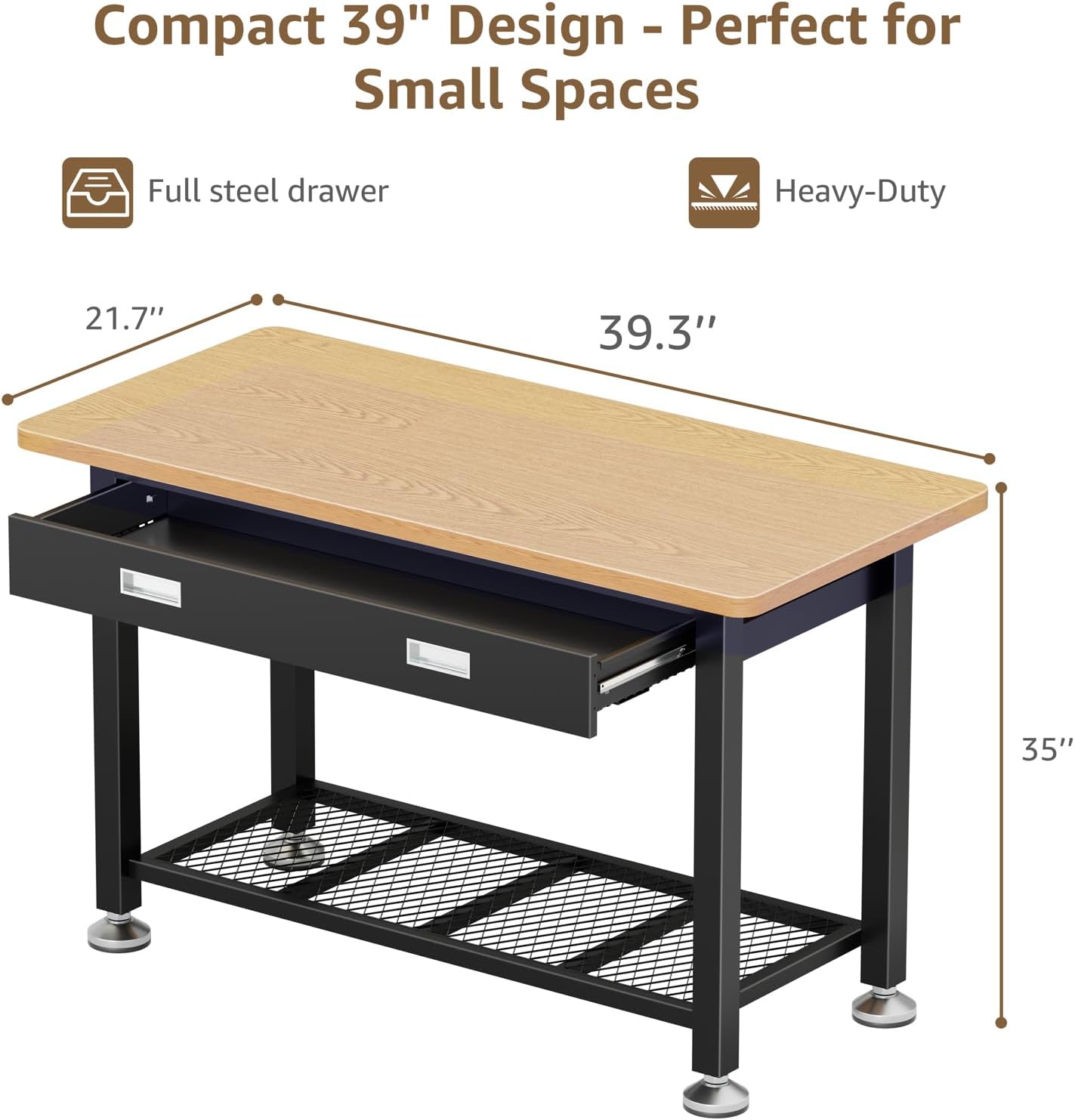 39.4" Workbench with Drawer and Pegboard - Heavy Duty Steel Garage Work Table, Small Tool Bench for Workshop, Woodworking, Crafting & Repair
