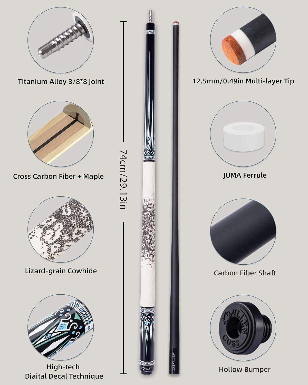 KONLLEN Carbon Fiber Pool Cue Stick 58-inch Professional Pool Sticks for Adults Full Carbon Technology Low Deflection Pool Cue Billiard Cues with 12.5mm Tip (Easy to Control, Pro Taper, Ultra-Smooth)