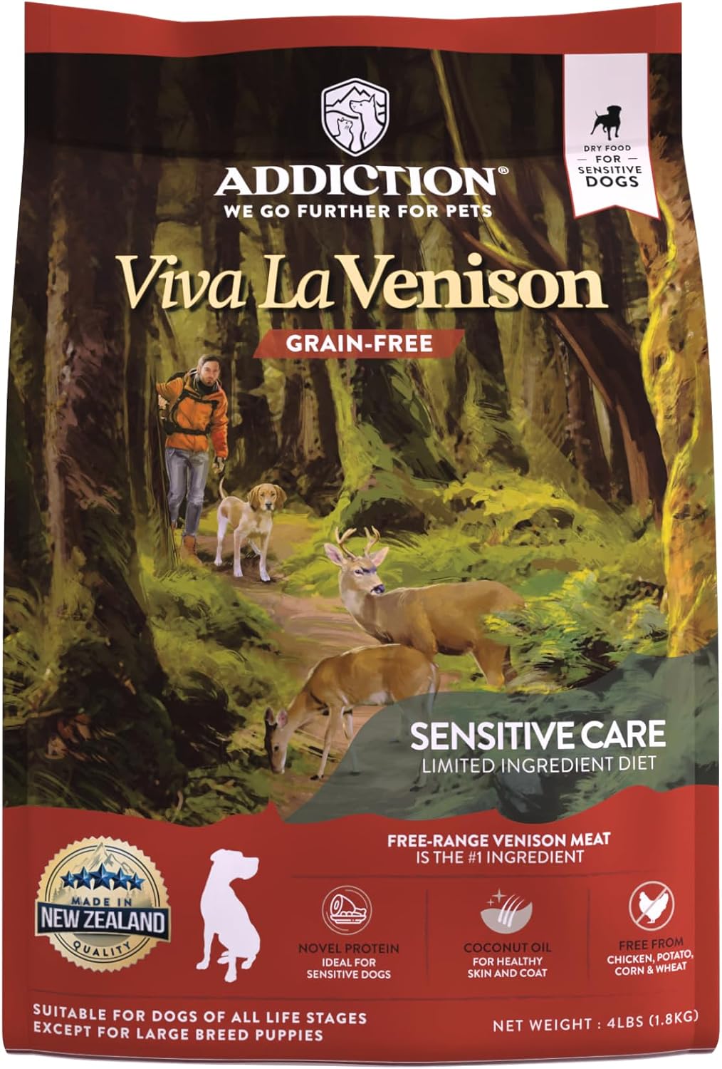 Addiction Viva La Venison Dog Food – Grain-Free Dry Dog Food with Novel Protein & Prebiotics, No Chicken, Beef, or Turkey – Ideal for All Dogs & Puppies – Made in New Zealand 4lb