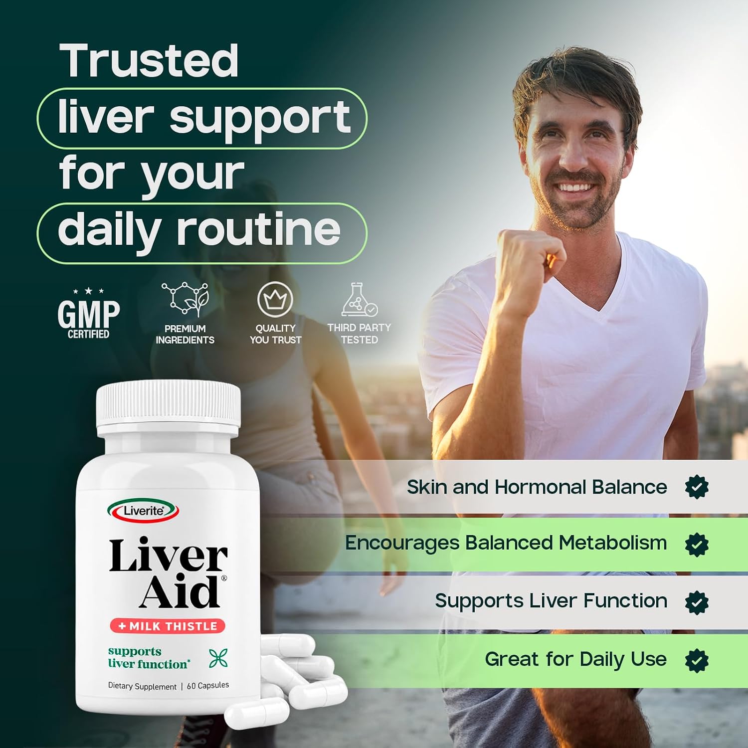 LIVERITE Liver Aid with Milk Thistle 60 Capsules, Liver Support Supplement with Amino Acids, Choline, Milk Thistle & Vitamin B12 – Supports Healthy Liver Function, Energy & Metabolism