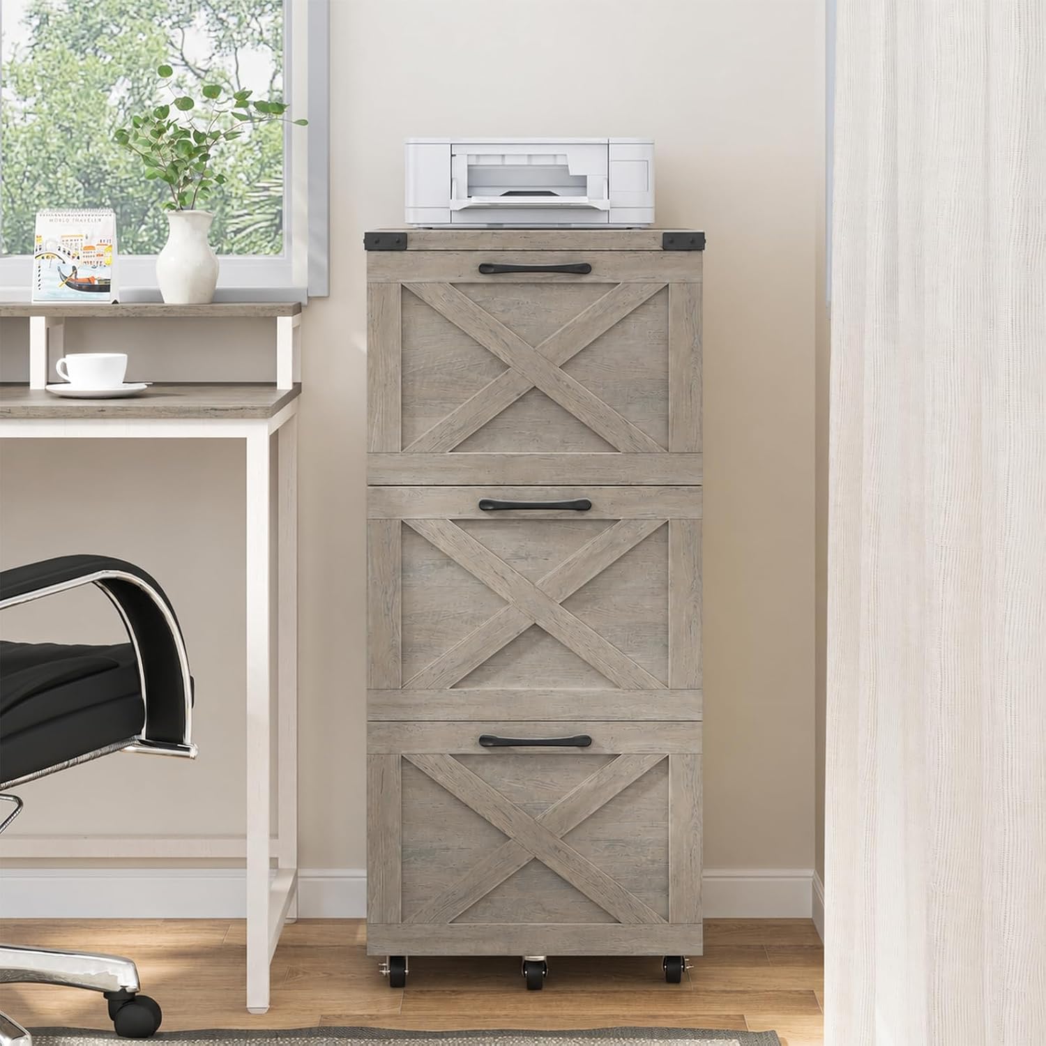 3 Drawers Tall Farmhouse File Cabinet with Wheels for Home Office, Black | Halitaa Vertical Filing Cabinet Fits Letter/A4 Size, Rolling File Cabinet Wooden Printer Stand for Home Office
