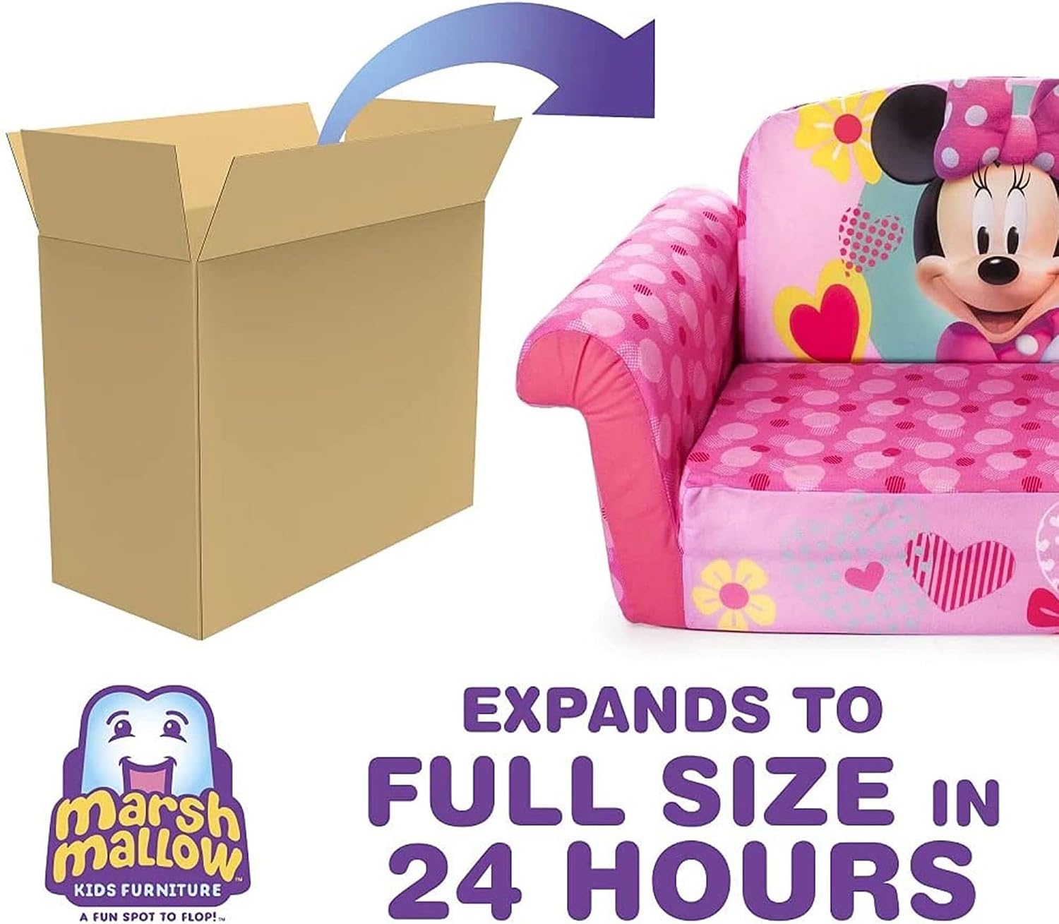 Marshmallow Furniture, Children's 2 in 1 Flip Open Foam Sofa, Minnie Mouse, by Spin Master | Pullout Foam Sleeper for Folding Lounging, Sitting, and Napping for Toddlers & Kids, Bedroom and Playroom Use