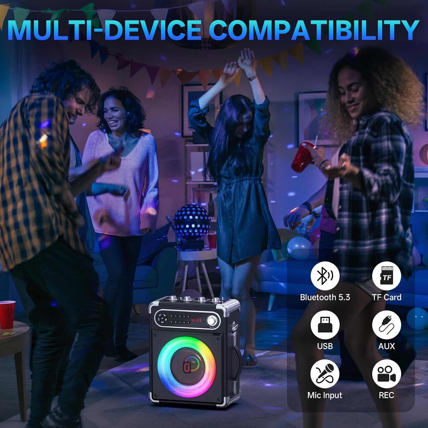 JYX Karaoke Machine, 2 Wireless Microphones, Portable Bluetooth 5.3 PA Speaker with Disco Lights, Smart TV Compatible, Upgraded Subwoofer