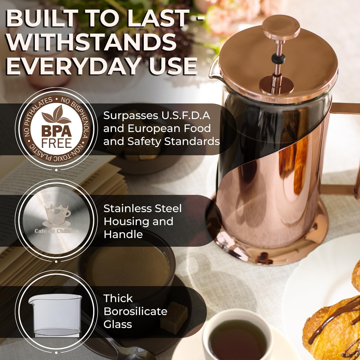 Cafe Du Chateau French Press Coffee Maker, 34 oz Glass, Stainless Steel | Easy Brew, Durable Clear Glass, 4-level Filtration, 34 oz Capacity, Coffee Press for Camping, Tea Brewer, BPA-Free Materials