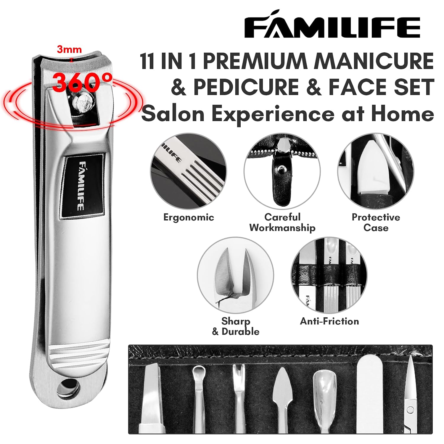 FAMILIFE Stainless Steel Manicure Set 11-in-1 Professional Nail Clipper Kit